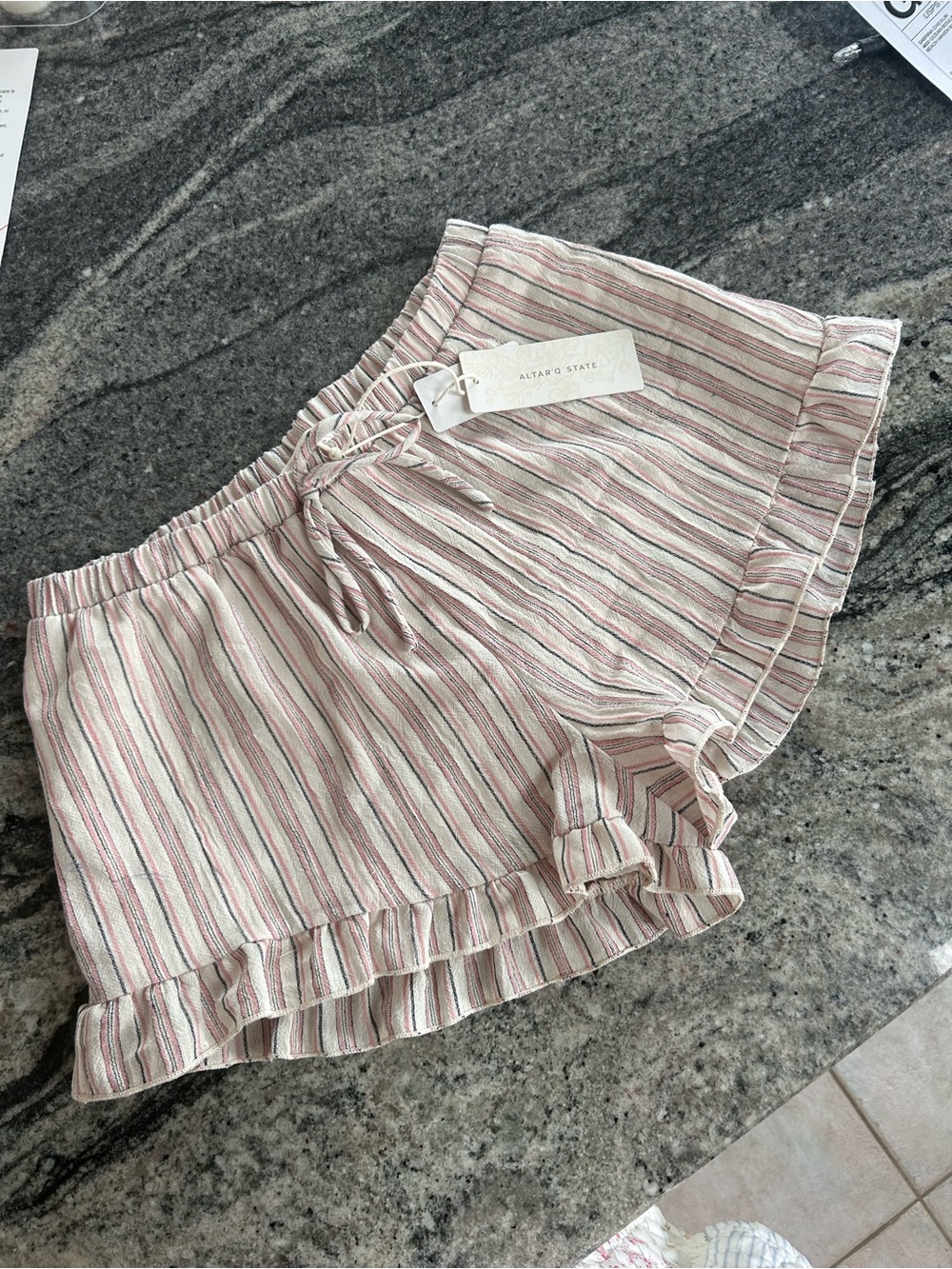 Altar'd State Pink & White Striped Ruffle Waistband Shorts